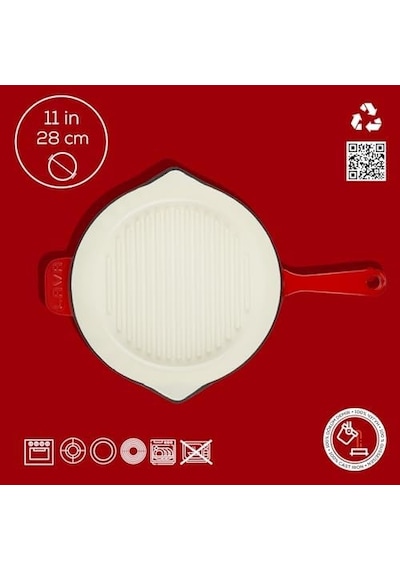 Metal Saplı 28 Cm Kırmızı İç Krem Döküm Yuvarlak Izgara Tava Açık Bakır