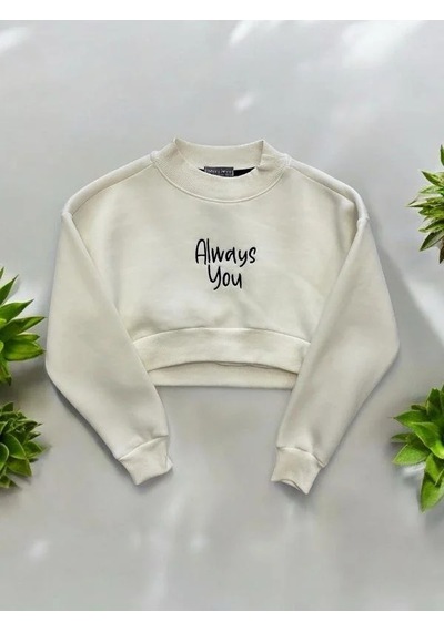 Kız Çocuk Üç İplik Şardonlu Always Yazılı Crop Sweatshirt-14377 KREM
