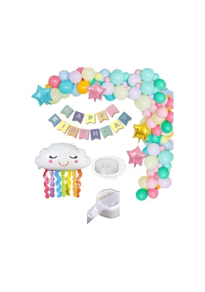 Beysüs 70 Makaron Balon 1 Bulut 3 Yıldız Folyo Balon Parti Gökkuşağı Doğum Günü Renkli Zincir Seti Standart