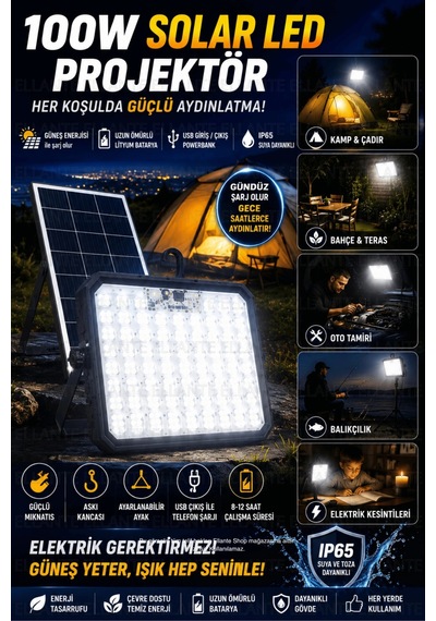 100w Solar Led Projektör Usb Powerbank Özellikli Şarjlı Kamp Lambası Ip65 Su Geçirmez Bahçe Ve Acil
