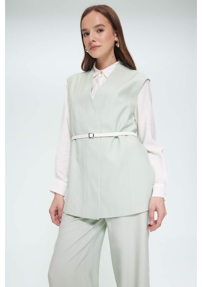Defacto V Yaka Kemerli Twill Tesettür Klasik Yelek F1371ax25smgn1181 Yeşil