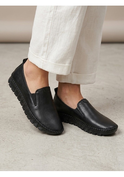 Beren Hakiki Deri Siyah Kadın Ayakkabı Ortopedik Taban Düz Slip-on Casual Comfort Ayakkabı