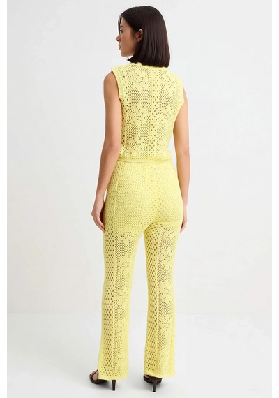 Benerly Kadın Ajurlu Triko Kolsuz Dik Yaka Uzun Pantolon Takım %100 Pamuk Sarı