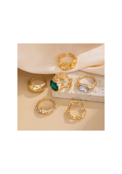 Lume - 6 Adet Yeşil Kristal Taşlı Retro Tasarım Çoklu Ayarlanabilir Gold Altın Yüzük Seti
