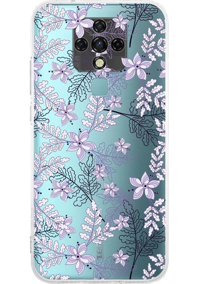 Tecno Camon 16 Uyumlu Kamera Korumalı Floral Lila Tasarımlı Şeffaf Silikon Kılıf