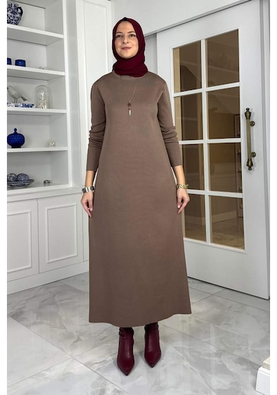 Rabia Şamlı Öykü Çelik Örme Triko Elbise Sütlü Kahve Normal