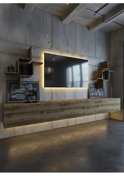 Resital Duvara Monte Ledli 270 Cm Tv Ünitesi Duvar Raflı - Ll6048 Ceviz