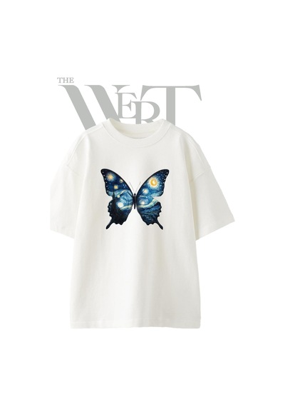 Thewert Starry Night Butterfly Tasarım Baskılı Ünisex Beyaz Oversize T-shirt