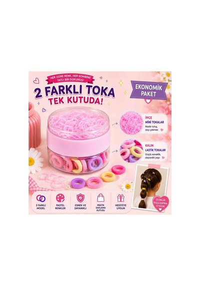 2'si 1 Arada Renkli Kutulu Kız Çocuk Bebek Saç Tokası Seti Pembe Pembe
