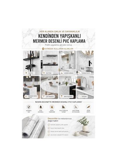 Deconitte Kendinden Yapışkanlı Beyaz Mermer Desenli Pvc Kaplama Folyo Tezgah Masa Dolap 60x100cm