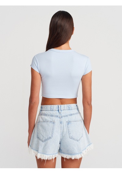 Dilvin 31810 Bisiklet Yaka Crop T-shirt-açık Mavi Açık Mavi