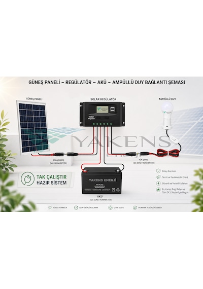 55w Hazır Solar Paketi Güneş Paneli Enerji Sistem 14ah Jel Akü + 10a Şarj Kontrol Cihazı + 4 Led Ampul +12v Çakmaklık