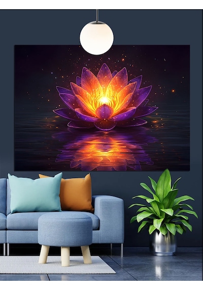 Parlayan Lotus Çiçeği Mandala Dekoratif Kanvas - Mdf Ahşap Tablo
