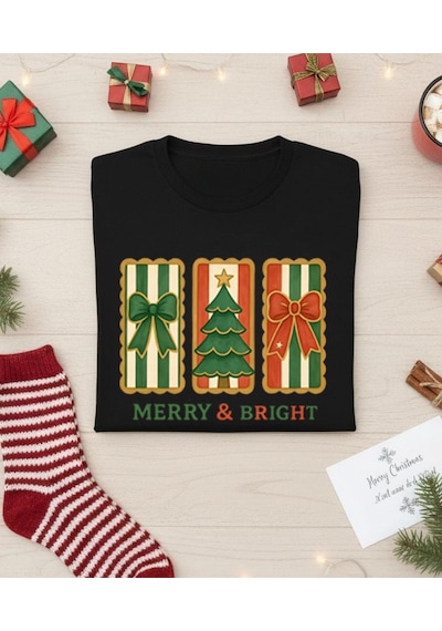 Aselinda Christmas Merry Bright Baskılı Aile Kombin Tişört Kombin Yapmak İçin Ürün Ekleyiniz Siyah