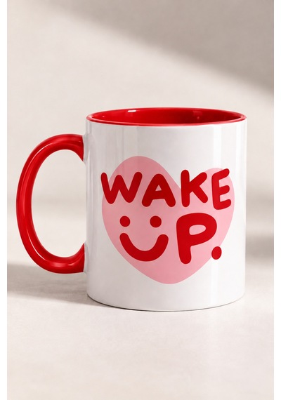 Wake Up Yazılı Baskılı Hediye Porselen Kupa Kırmızı