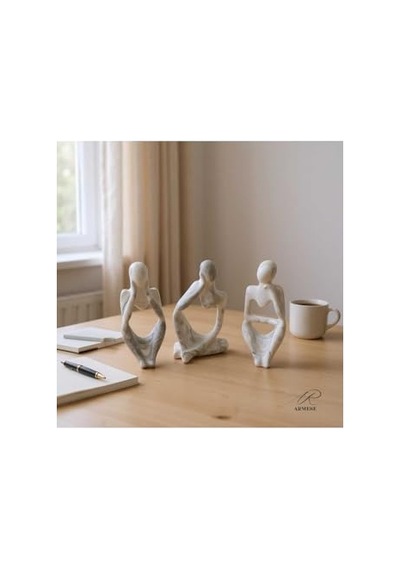 Mermer Görünümlü Düşünen İnsan Figürü 3'lü Set - Dekoratif - Modern Porselen Tozu Obje - 12.5 Cm Genel