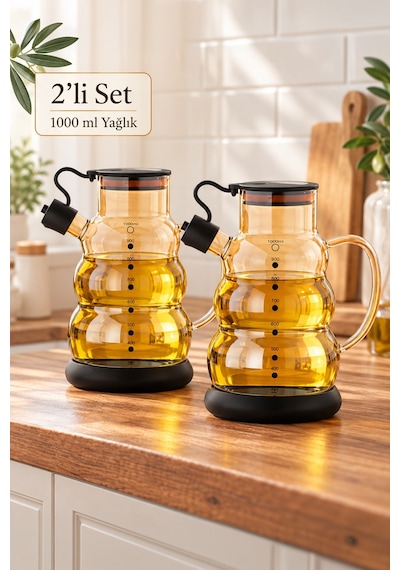 Porsima 3617- 1 Kapaklı Borosilikat Cam 2li Yağlık Sirkelik Seti Yağdanlık Takımı 1000ml Siyah Siyah