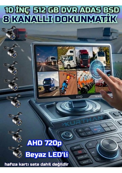 8 Adet Beyaz Ledli Ahd 720p Kelebek Kamera 10 İnç 8 Ch Dokunmatik Ekran 512 Gb Dvr Adas Bsd 12 Volt