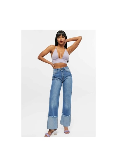 Kene Jeans Yüksek Bel Mavi İşlemli Ters Paça Püskül Detaylı Kot Jeans Mavi İşlemli
