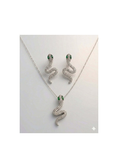 Snek Kolye Küpe Set Gümüş