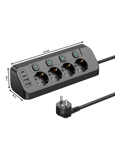 Akım Korumalı 4 Lü Priz 3680w 2 Usb-a + 2 Type-c Bireysel Anahtarlı Aşırı Yük & Isı Korumalı Çoklu Priz 2 M
