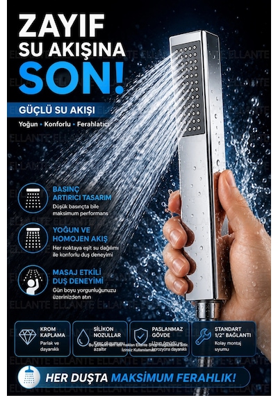 Kare El Duşu Başlığı Krom Paslanmaz Güçlü Su Akışlı Silikon Nozullu 1/2'' Universal Bağlantı Çok Renkli