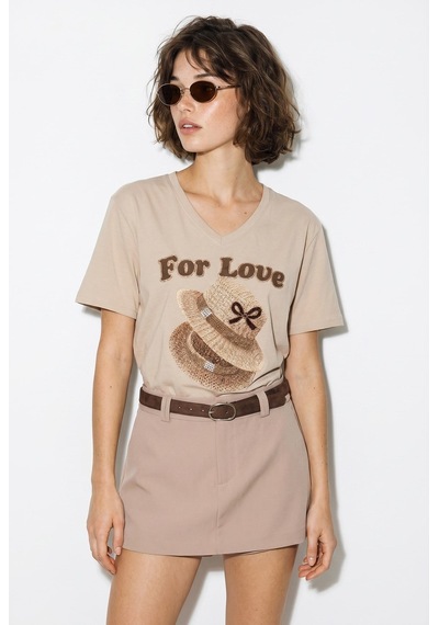 Kadın V Yaka For Love Nakış Ve Boncuk İşlemeli Oversize T-shirt 2240 60286329 - Bej