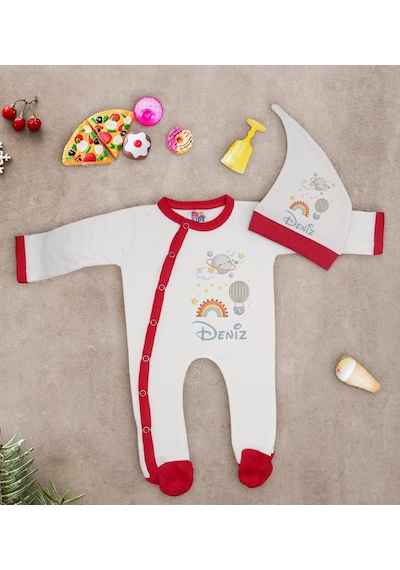 Bk Kids Kişiye Özel İsimli Kırmızı Tulum Zıbın Ve Kukuletalı Şapk Çok Renkli