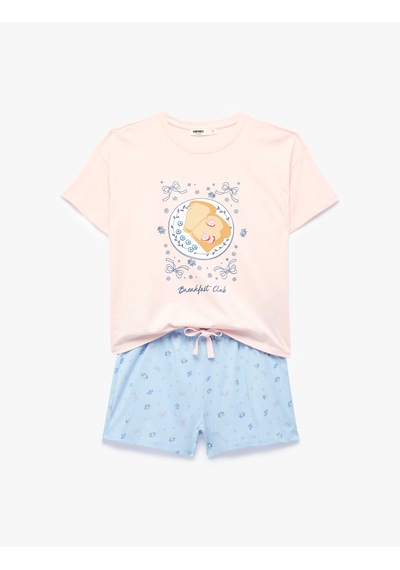 Koton Rahat Kesim Baskılı Pamuklu Şortlu Pijama Takımı Pembe 6slk40131mk