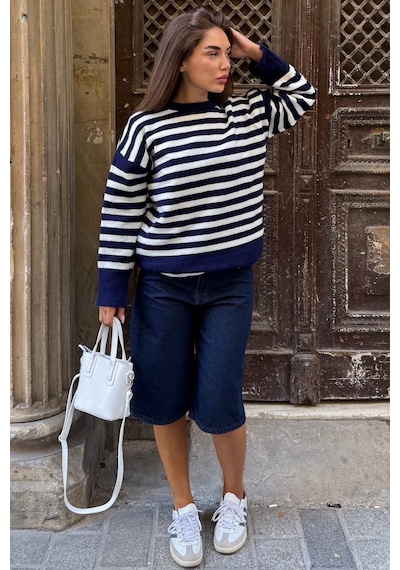 Madmext Lacivert Çizgili Bisiklet Yaka Oversize Kadın Kazak Mg2894