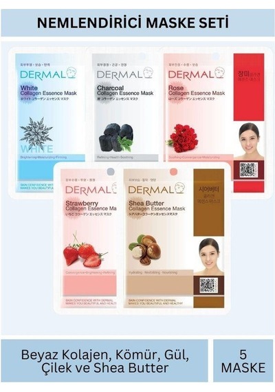 Dermal Nemlendirici Beyaz Kömür Gül Çilek Karite Yağı Özlü Maske Seti 23gr X 5adet