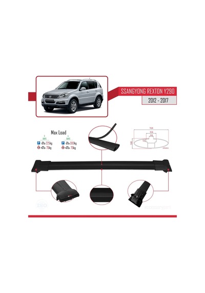 Ssangyong Rexton Y290 2012-2017 Arası İle Uyumlu Fly Model Ara Atkı Tavan Barı Siyah 3 Adet Bar