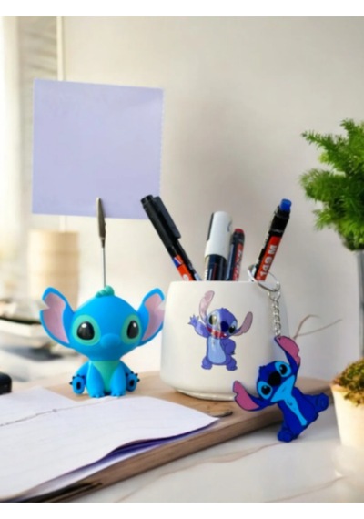 Tabaklı Stitch Sevimli Koala Fotoğraf Not Tutacağı-kalemlik-anahtarlık Seti Hediyelik Tutucu Çok Renkli