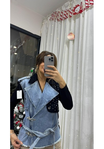 Daves Taş Detaylı Belden Bağlamalı Kolsuz Denim Kumaş Kot Yelek Siyah-mavi Kot Çok Renkli Daves Taş Detaylı Belden Bağlamalı Kolsuz Denim Kumaş Kot Yelek Siyah-mavi Kot Çok Renkli