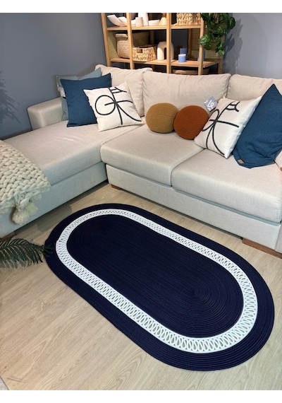 Mavaux Lotus Jüt Hasırlı El Örgüsü Kilim Lacivert - Beyaz