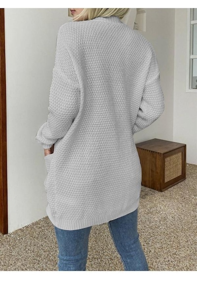 Aqe Fashion Örgü Şeritli Rahat Kalıp Esnek Cepli Kadın Gri Triko Hırka Gri