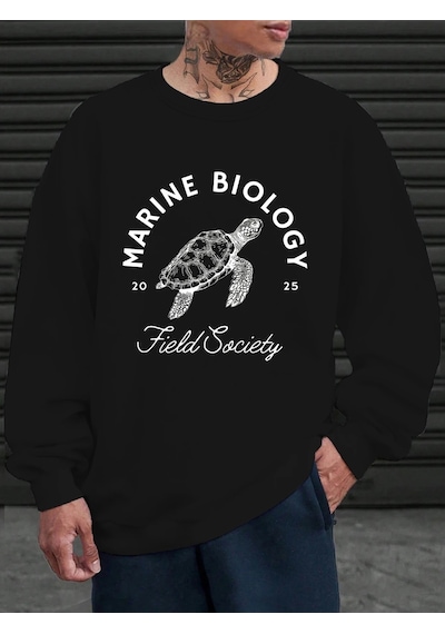 Startmore Tarzsokak Deniz Biyolojisi Kaplumbağa Baskılı Sweatshirt Erkekler İçin Bisiklet Yaka Günlük Kazaklar Po Siyah