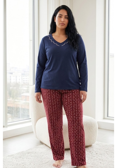 Siyah İnci Pamuklu Likralı Büyük Beden Battal Boy Örme Pijama Takım 26240881 Lacivert