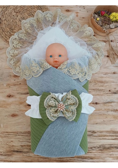 Yenidoğan Teri Cotton Taç Nakışlı Prizma Taş Kundak Bebek Battaniyesi Yeşil