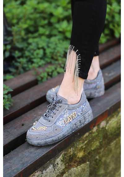 Astra Taşlı Desenli Şeffaf Taban Gri Renkli Kadın Sneaker-gri Gri