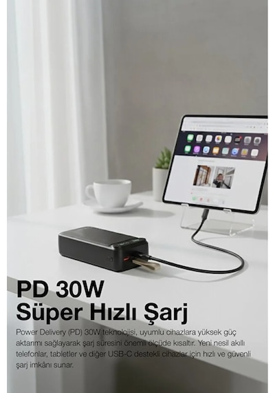 Hızlı Şarj Powerbank 30.000 Mah Taşınabilir Güç, Usb-c & Çift Çıkışlı Siyah