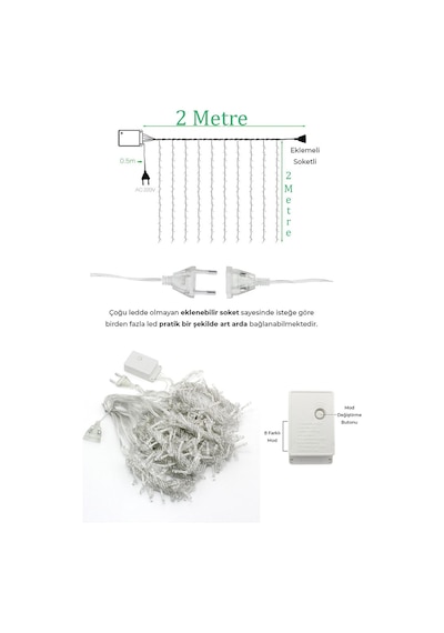 2x2 Metre 144 Ledli 10 Saçaklı Perde Led Işıklar Animasyonlu Kumandalı Fişli - Günışığı Gün Işığı