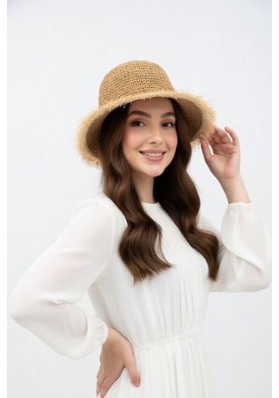 Mollycrush Kadın Camel Saçaklı Premıum Hasır Bucket Güneş Koruyucu Yazlıkplaj Şapkası Kahverengi