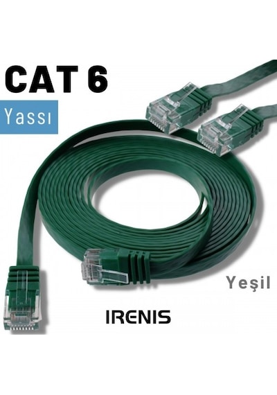 Irenis CAT6 Kablo Yassı Ethernet Network Lan Ağ İnternet Kablosu 3 M Yeşil