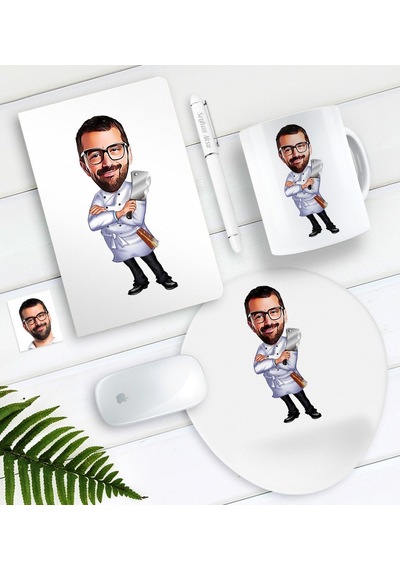 Kişiye Özel Bay Chef Karikatürlü Defter Kalem Kupa Mouse Pad Seti-3