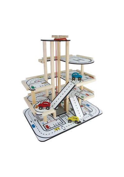 Ahşap Asansörlü Otopark - Üç Katlı Garaj Seti - Hotwheels Garaj Seti - Otopak Seti - Eğimli Garaj