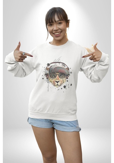 Pop Art Kaplan Müzik Kulaklık Güneş Gözlüğü Unisex Beyaz Baskılı Sweatshirt Beyaz