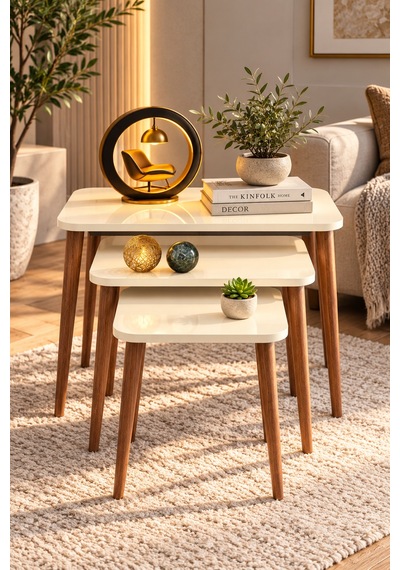 Odera Mermer Desenli Orta Sehpa Ve Zigon Sehpa 4'lü Set Ahşap Torna Ayaklı Modern Salon Sehpası Diğer