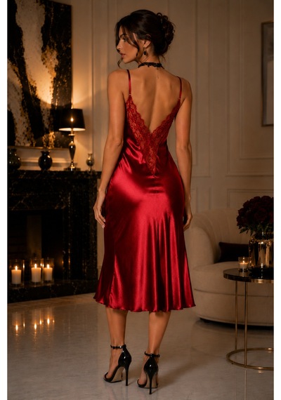 İnmera Bordo Dantel Detaylı Saten Gecelik Bordo - 900610338 Bordo