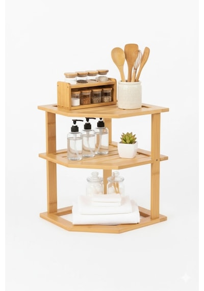 Makri Home Bambu 3 Katlı Mutfak & Banyo, Mutfak Düzenleyici Organizer, 23 Cm 25 Cm 25 Cm Ahşap